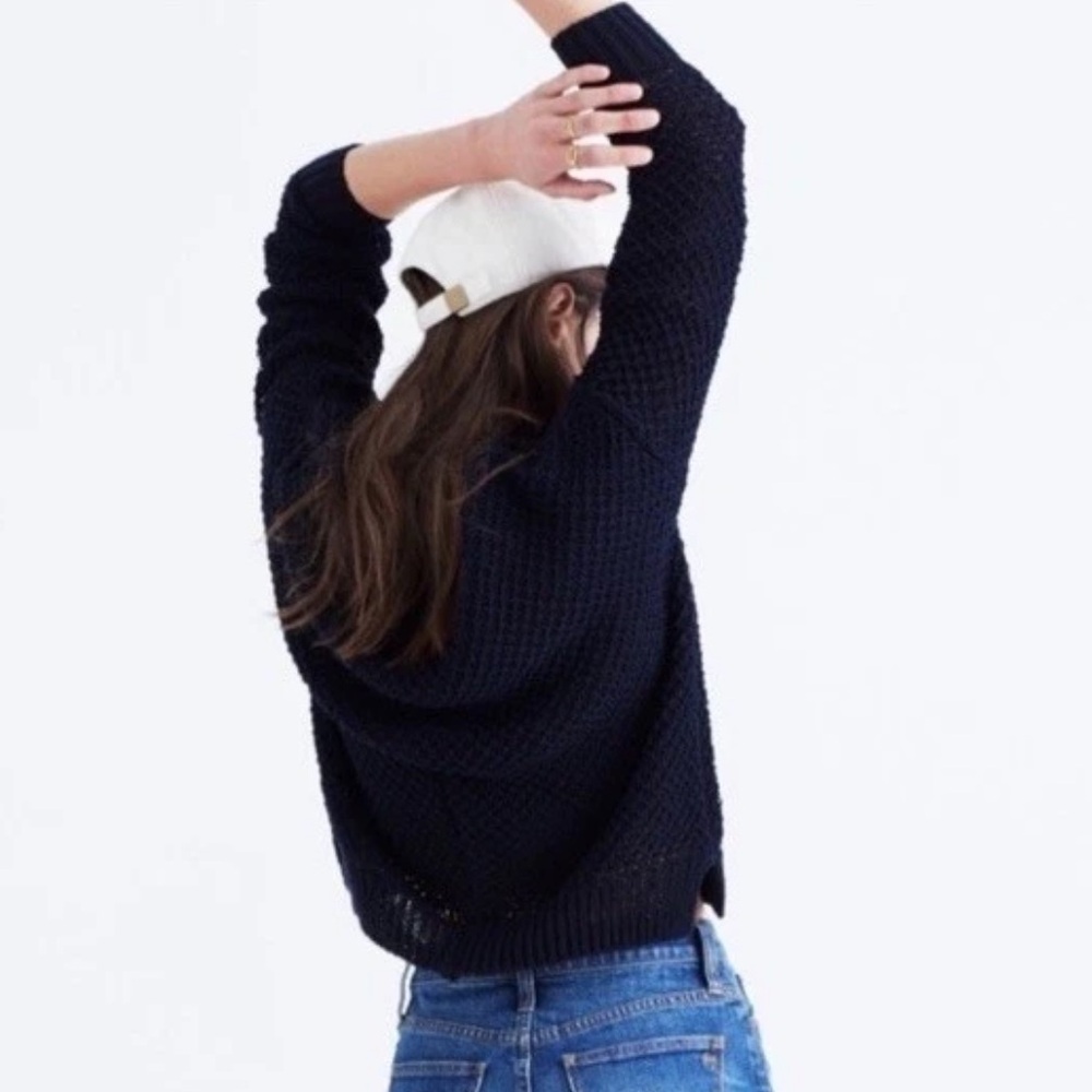 Madewell French Quarter Pullover Sweater Chunky Knit Crew Neck Navy Cotton L - Picture 3 of 7